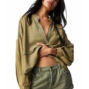 FREE PEOPLE Women’s Jude Denim Oversized Peasant Pullover Top Sz XL Warm Camel